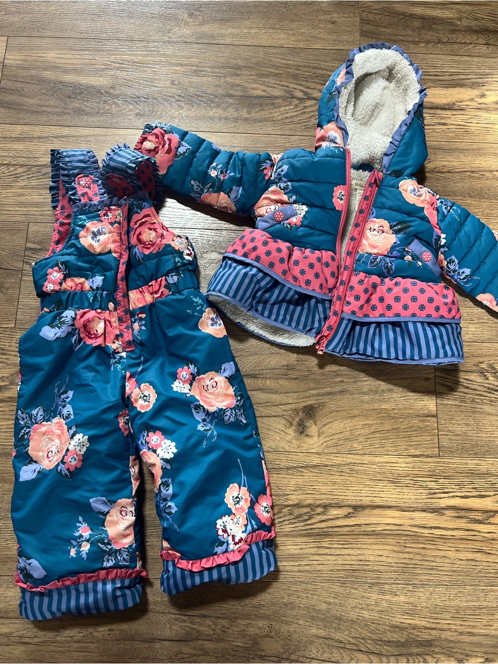 Matilda Jane Teal Floral Puffer Jacket and Bib Snow Pants with Pink Accents